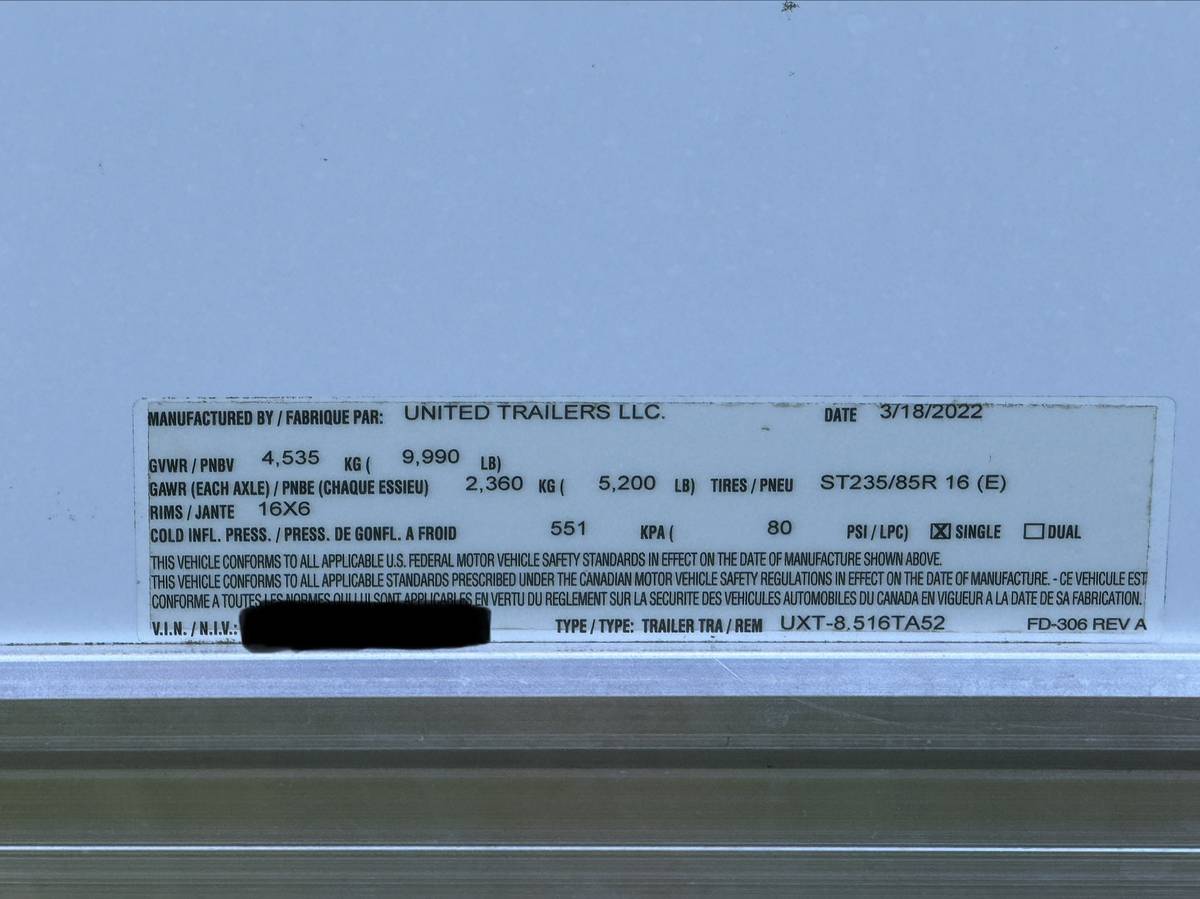 2022 United UXT Enclosed Cargo Trailer | 8.5’x16’, 5200lb Dexter Axles, photo 12